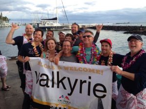 Our crew on arrival in Lahaina, Maui.  Left to right. Me, Todd, our fearless leader Jason, Dr. Emily, Rob, Lahaina Yacht Club Commodore Jeff Kaiser, Gavin, Gord, Ron, Jim H, Andrew, and navigator Peter. 