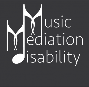 The words “Music” “Mediation” and “disability” are arranged vertically in white letters against a black background. The “M” in “Music” and “Mediation” and the “d” in “disability” are vertically connected to look like eighth notes in music notation.